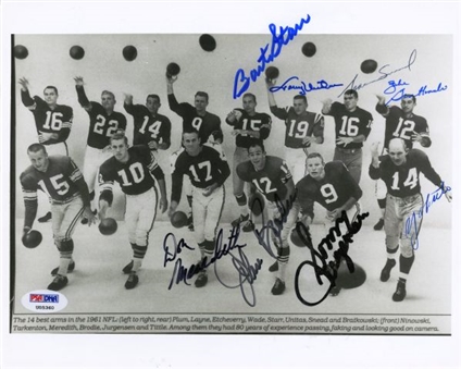 1961 "Best Arms in the NFL" Signed 8x10 Photo of Eight Quarterbacks Including Unitas, Starr and Meredith